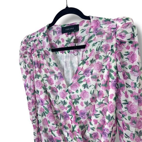 IORANE NWOT Revolve Mini Pink Floral Tulle Puff Shoulder Sheer Mesh Bodysuit XS - Picture 4 of 10